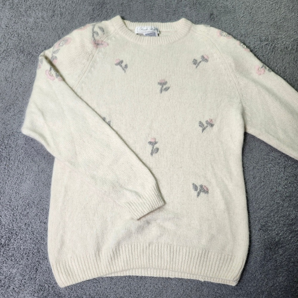 Private Party Womens M Sweater Cream Silk Angora Floral Beaded Embroidered Knit